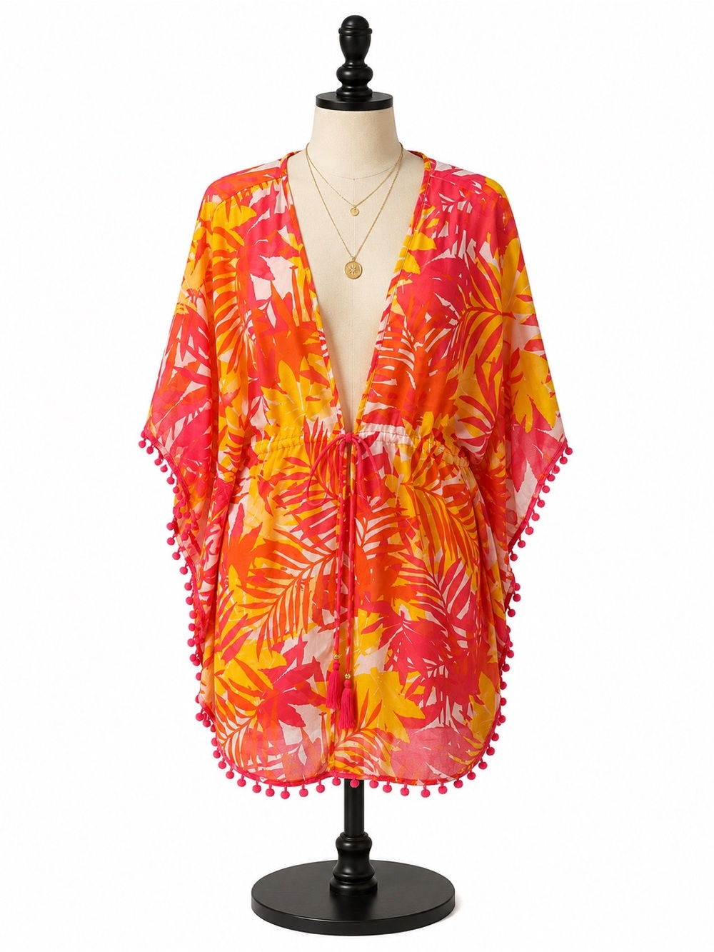 Vibrant Tropical Pom-Pom Beach Cover-Up in Pink & Yellow